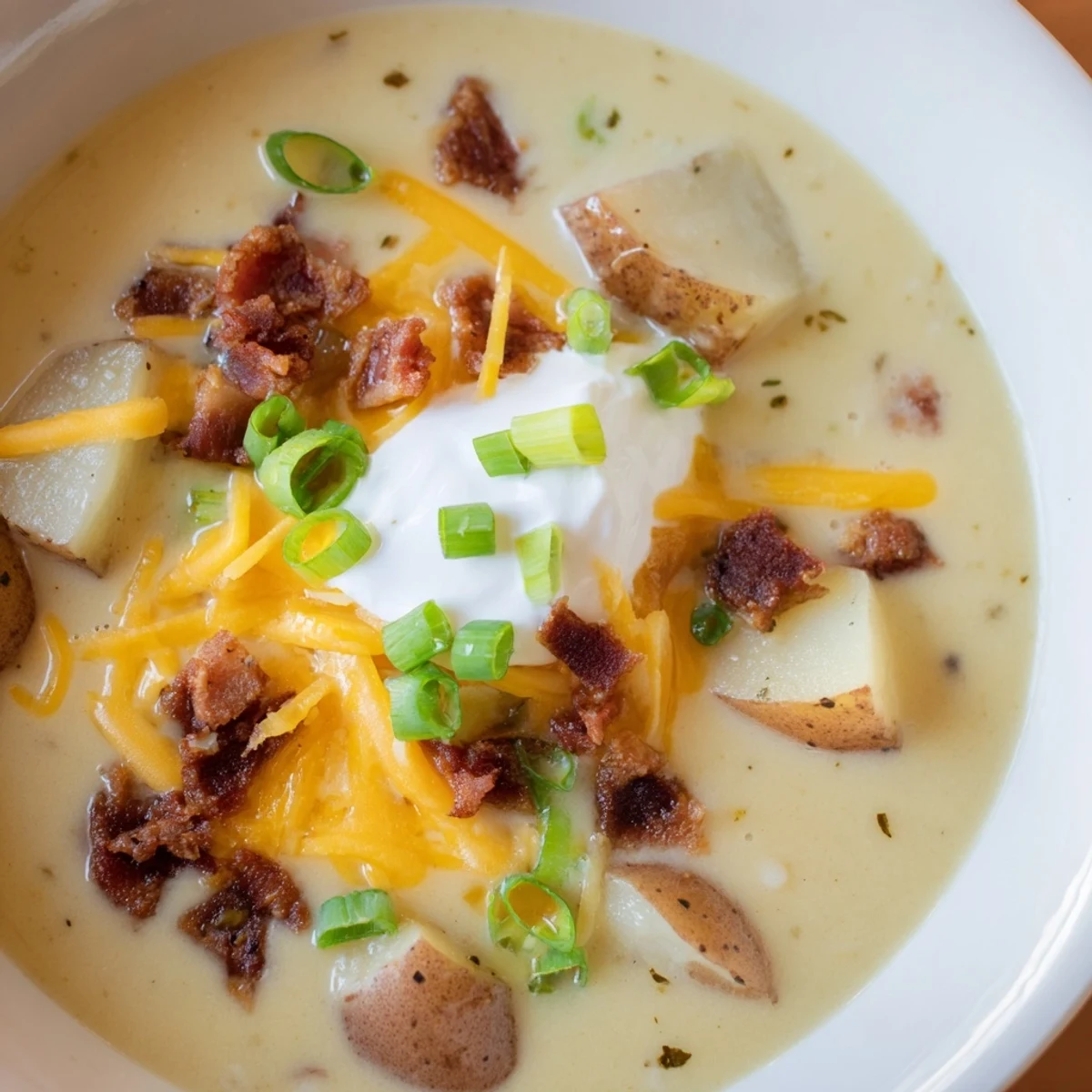 Creamy loaded baked potato soup with tender potato chunks, crispy bacon, and sharp cheddar, topped with sour cream and green onions.