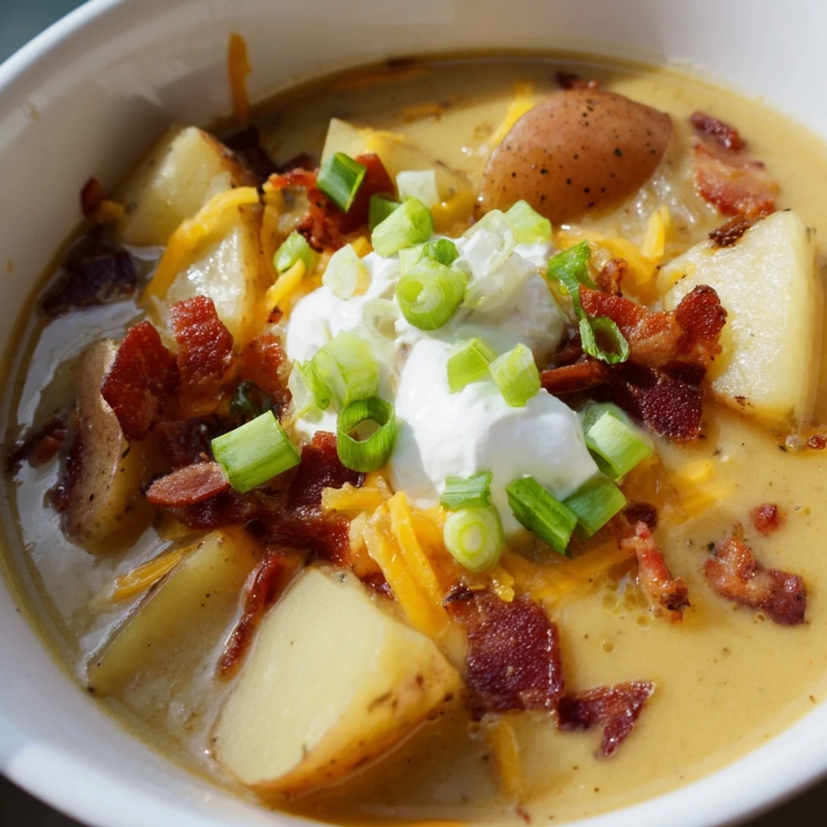 A hearty bowl of loaded baked potato soup garnished with crumbled bacon, shredded cheddar, and fresh green onions, served steaming hot.