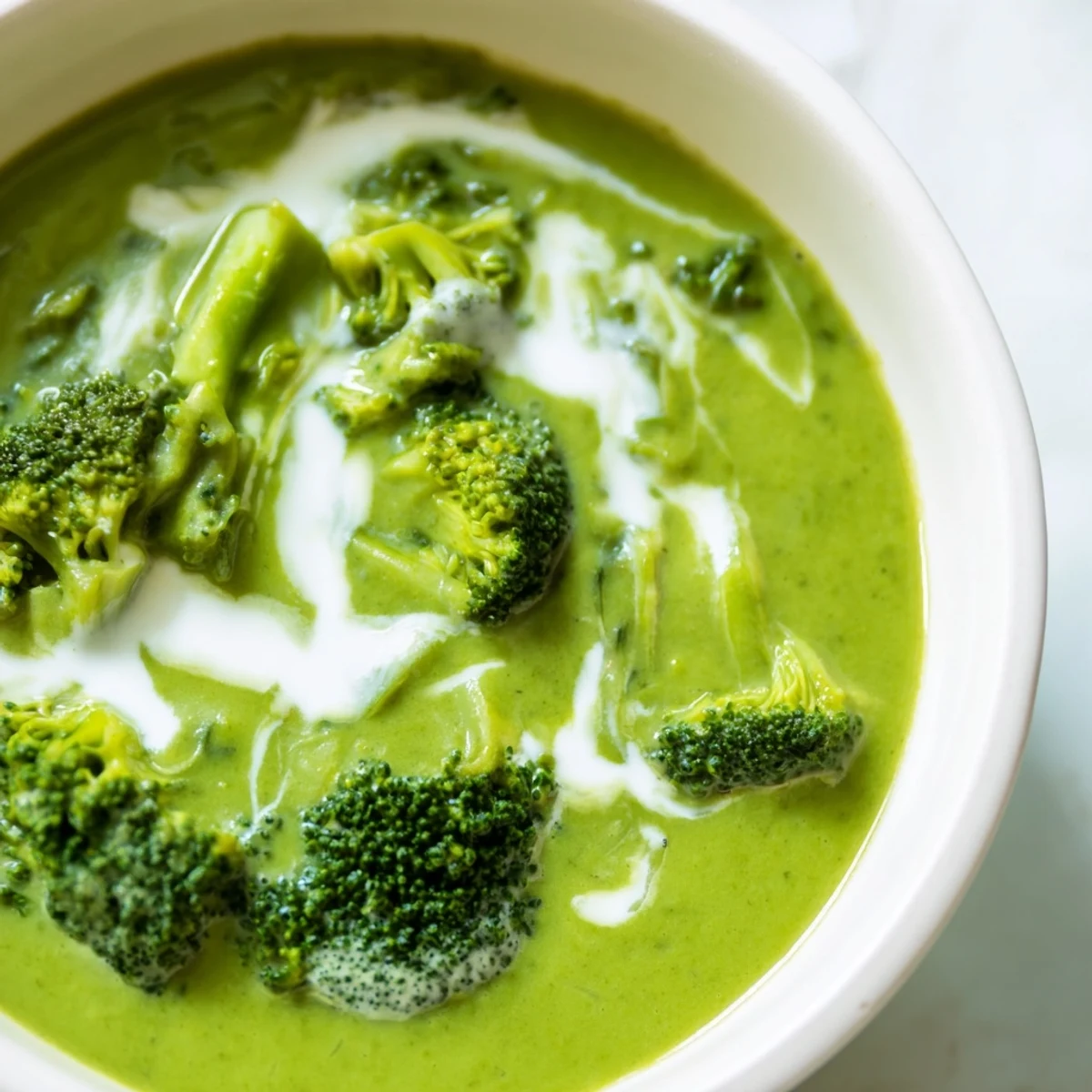 Golden roasted broccoli florets rest atop a velvety bowl of creamy broccoli cheddar soup.