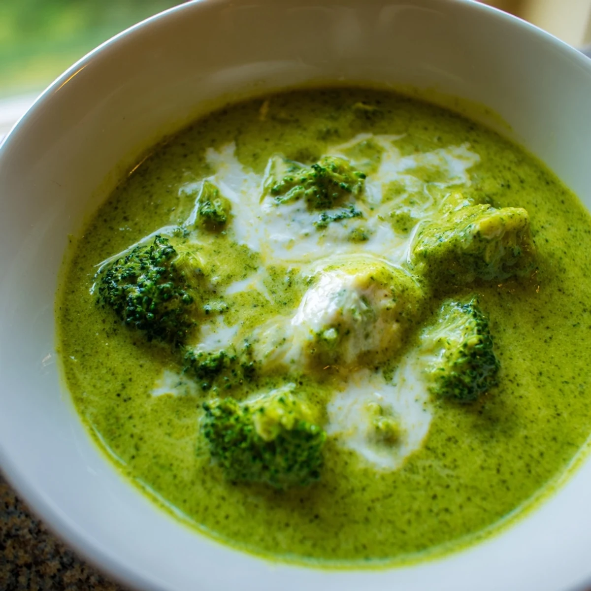 Vivid green puree of broccoli cheddar soup garnished with grated sharp cheddar cheese.