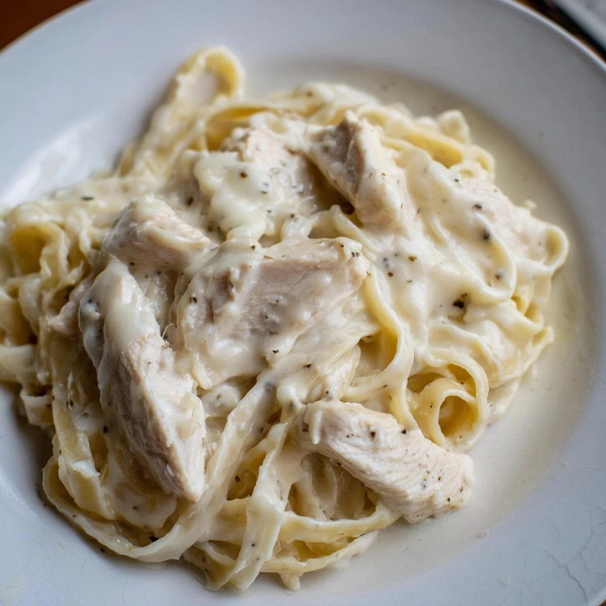 Tender chicken breast and perfectly coated pasta shine in a single-skillet Alfredo, garnished with fresh parsley and extra grated Parmesan cheese.  