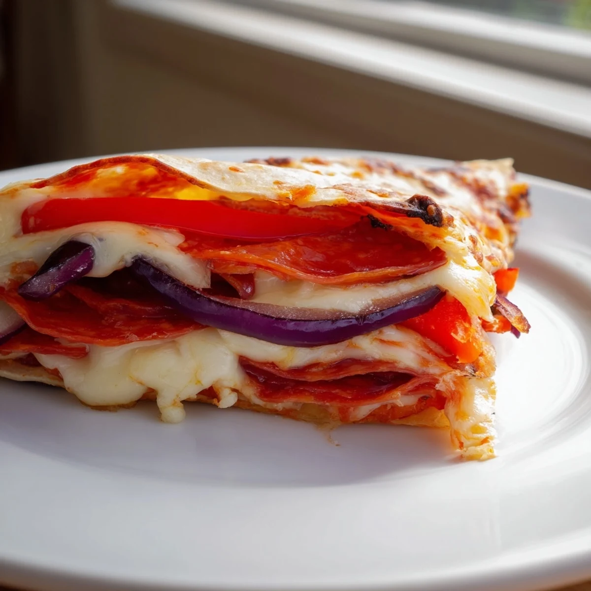 A crispy folded tortilla pizza wrap with melted mozzarella, pepperoni, and bright bell peppers on a plate.  