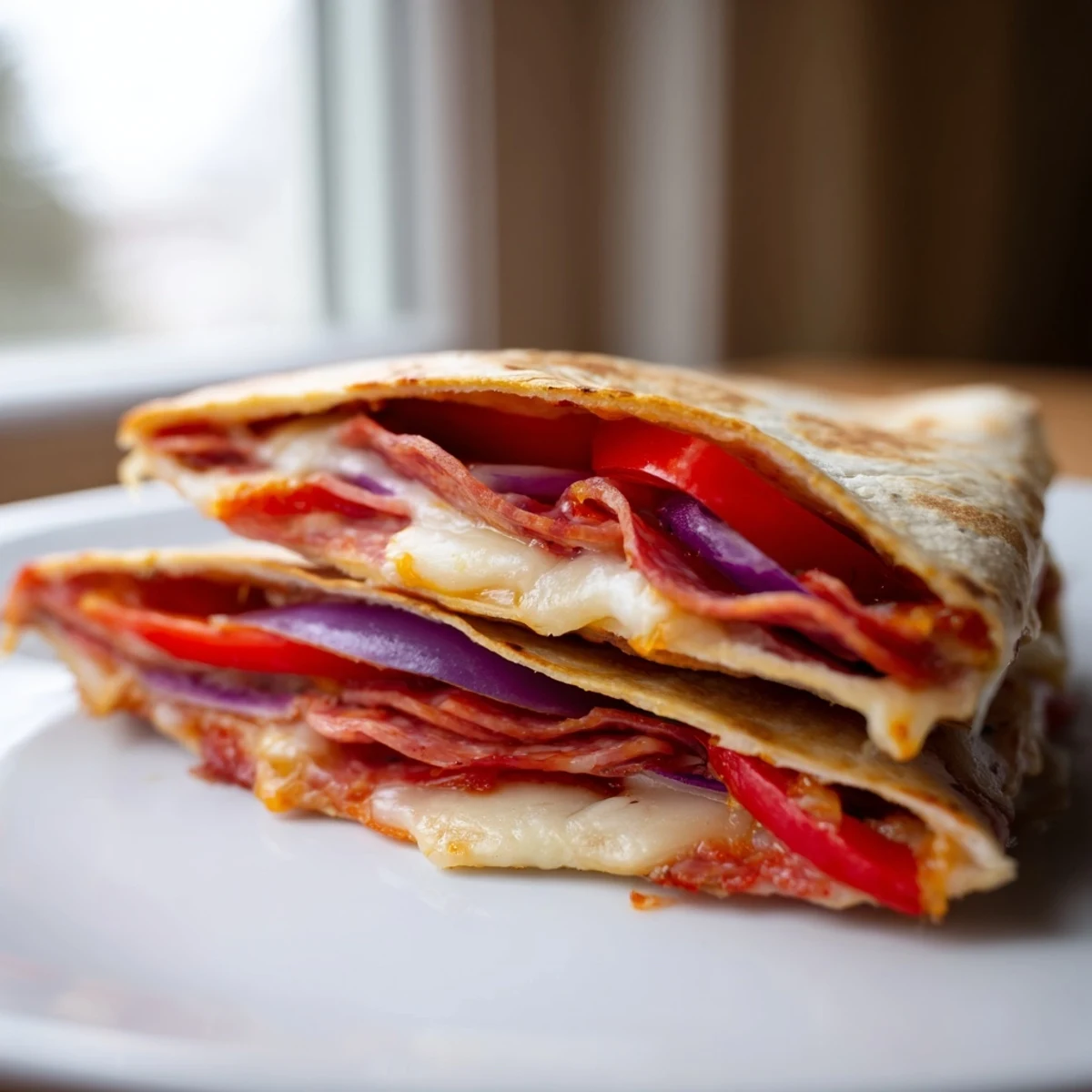 Freshly toasted tortilla pizza wrap, golden and cheesy, topped with sliced olives and red onions.  