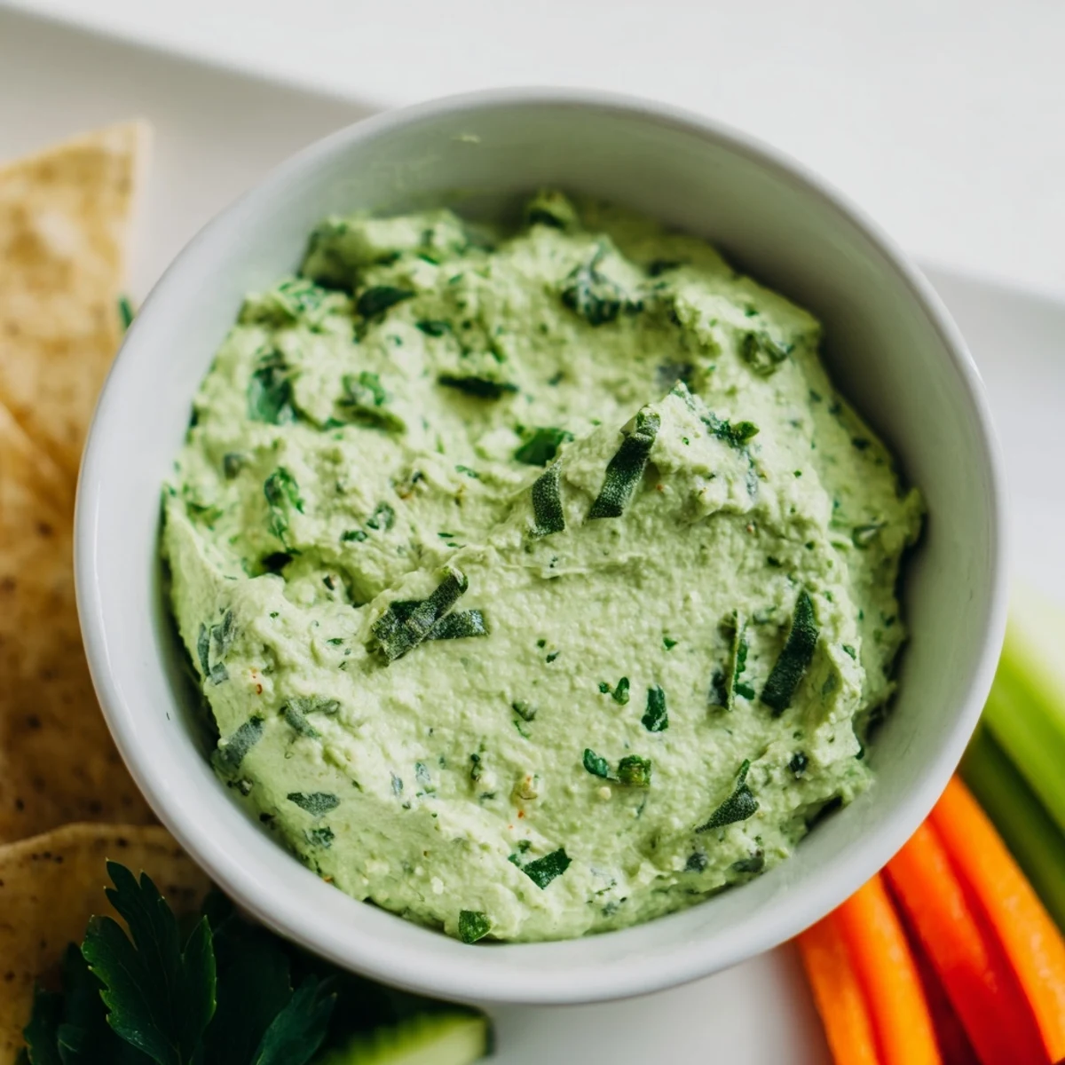 Close-up of vibrant Green Goddess Salad Dip in a white bowl, featuring a smooth, pale green texture and specks of fresh herbs.