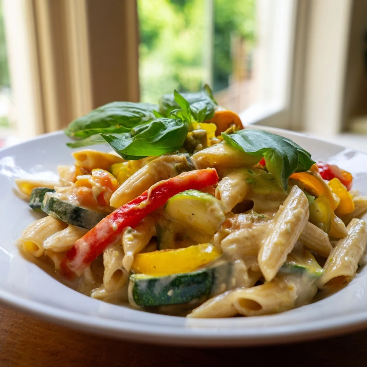 A steaming serving of One-Pot Creamy Pasta Primavera showcases al dente penne and fresh cherry tomatoes in a creamy herb sauce.  