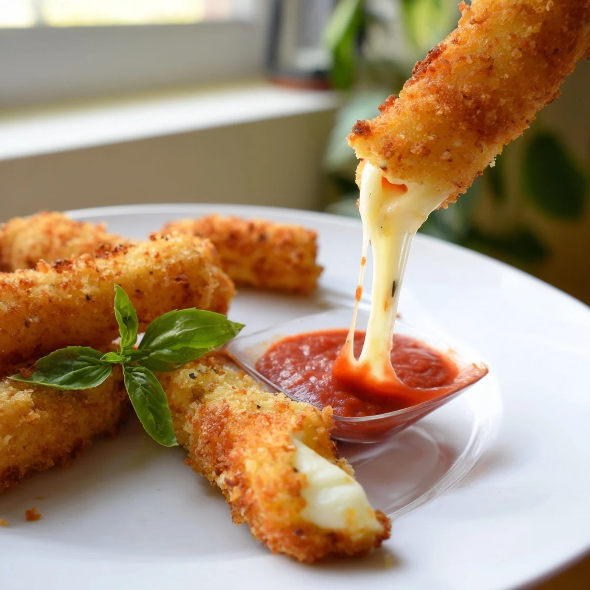 Golden, crispy air fryer mozzarella sticks fresh from the basket, served with a side of warm marinara for dipping.  