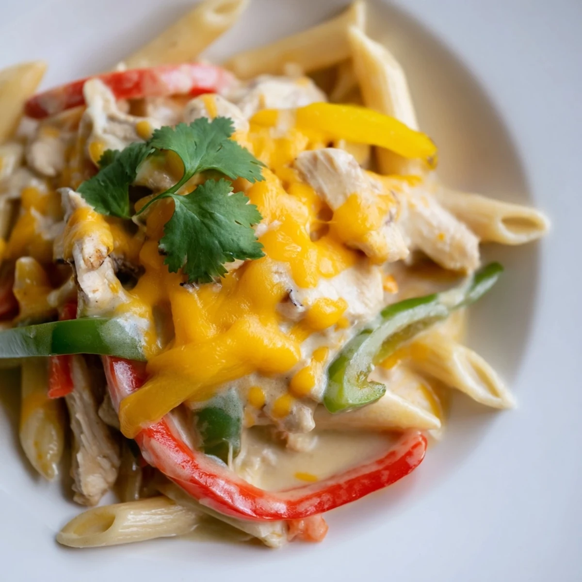 Steaming Chicken Fajita Pasta Skillet with melted cheddar and chopped cilantro garnish.