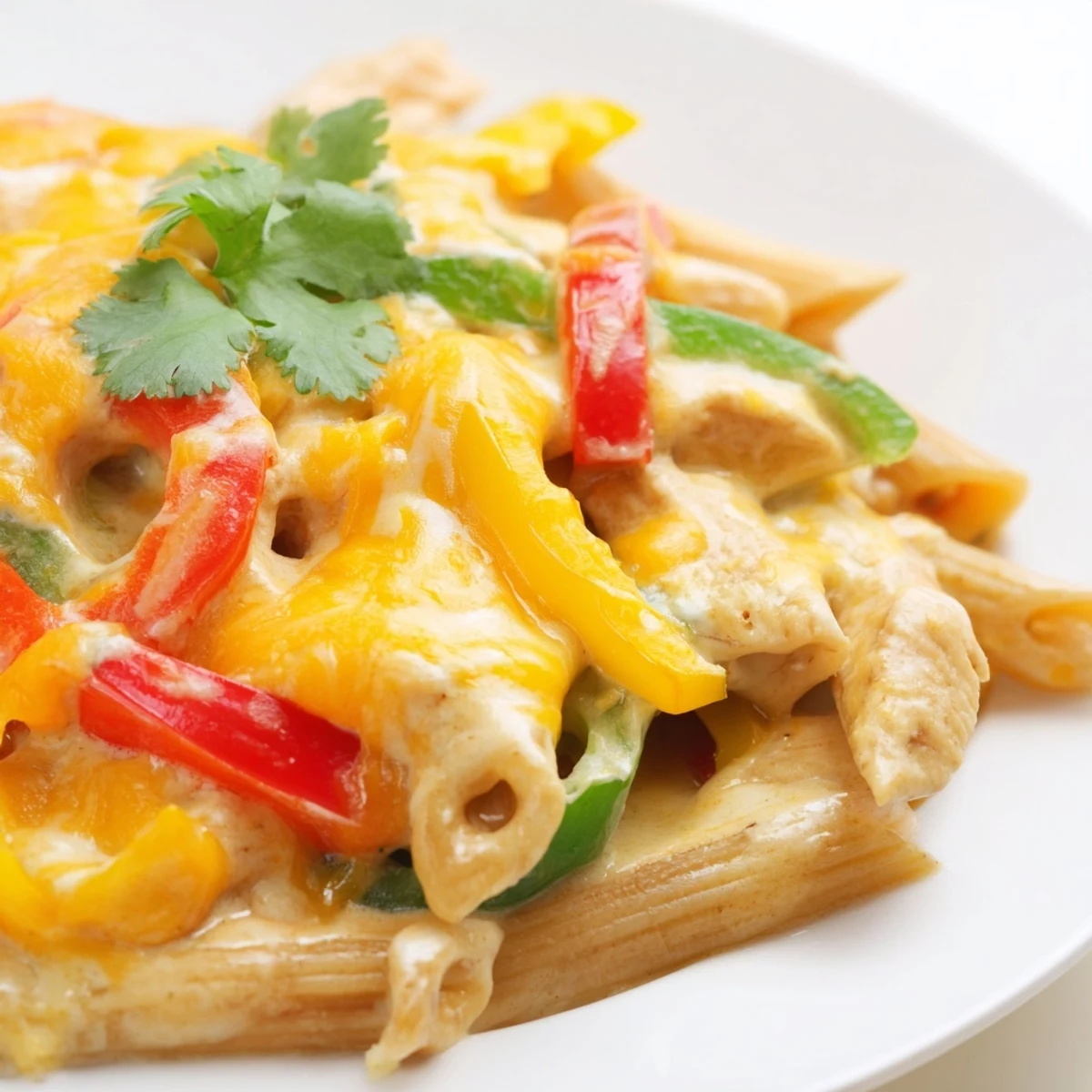 Hearty Chicken Fajita Pasta Skillet topped with cheese, ready to serve with a fork.