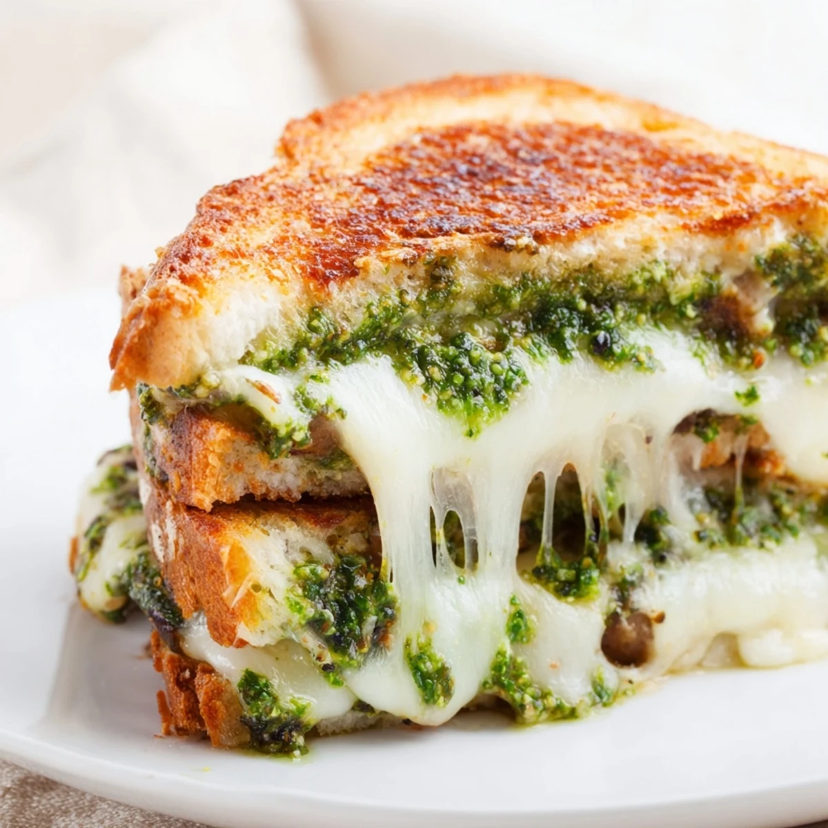 Golden, crispy sourdough slices oozing melted mozzarella and cheddar, slathered with vibrant spinach pesto for a hearty vegetarian meal.