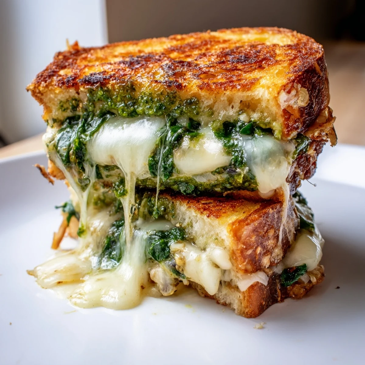 A close-up of a golden-brown grilled sandwich featuring garlicky spinach pesto and melted cheese, ready to be enjoyed warm.