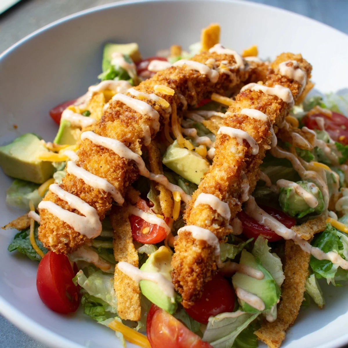 Crispy Chicken Taco Salad with golden fried chicken strips, romaine, black beans, and creamy salsa ranch on top.