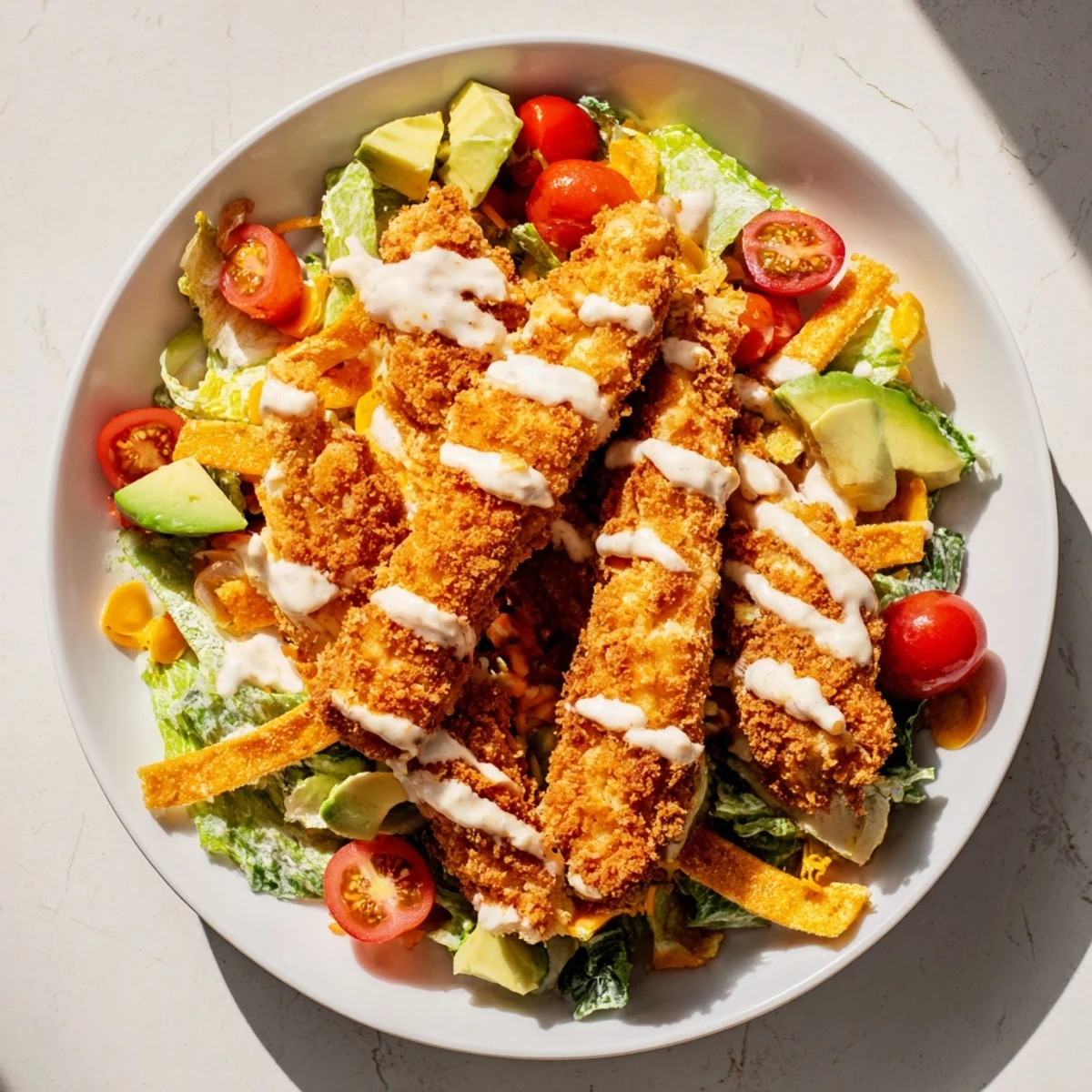 A bowl of Crispy Chicken Taco Salad layered with corn, avocado, cherry tomatoes, and crunchy tortilla strips.
