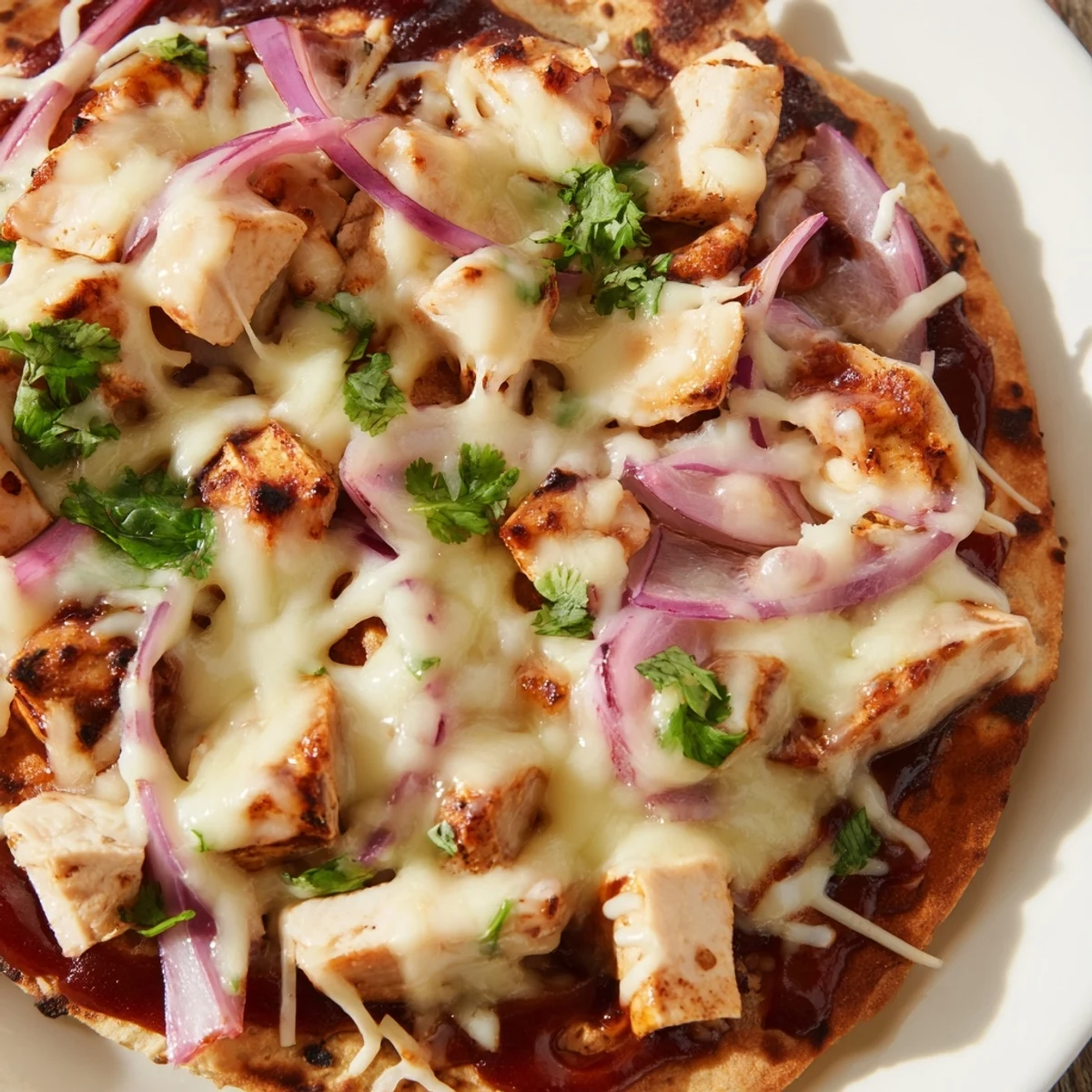 A close-up of golden, crispy BBQ Chicken Flatbread topped with melted mozzarella, grilled chicken, and red onion slices.  