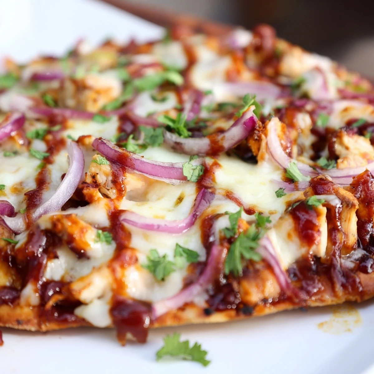 Slice of savory BBQ Chicken Flatbread with tender chicken and sweet onions, served warm for a quick weeknight dinner.