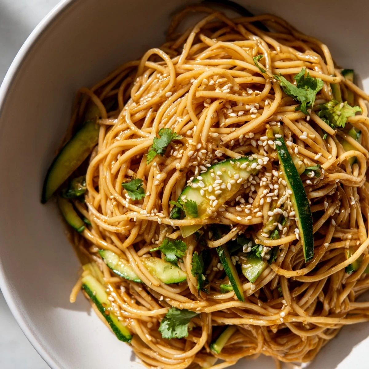 Aerial view of a serving platter holding Spicy Sesame Noodle Salad, with chopped peanuts, spring onions, and a lime wedge beside the colorful bowl.  