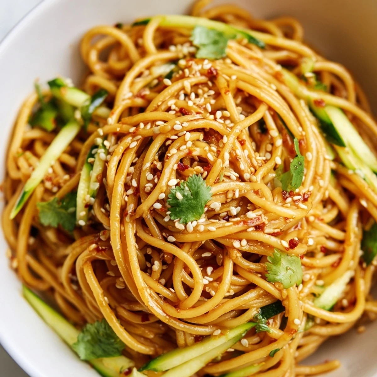 In a shallow bowl, Spicy Sesame Noodle Salad is mixed with tongs, revealing crisp cucumbers and herbs tossed through the savory, spicy noodles.