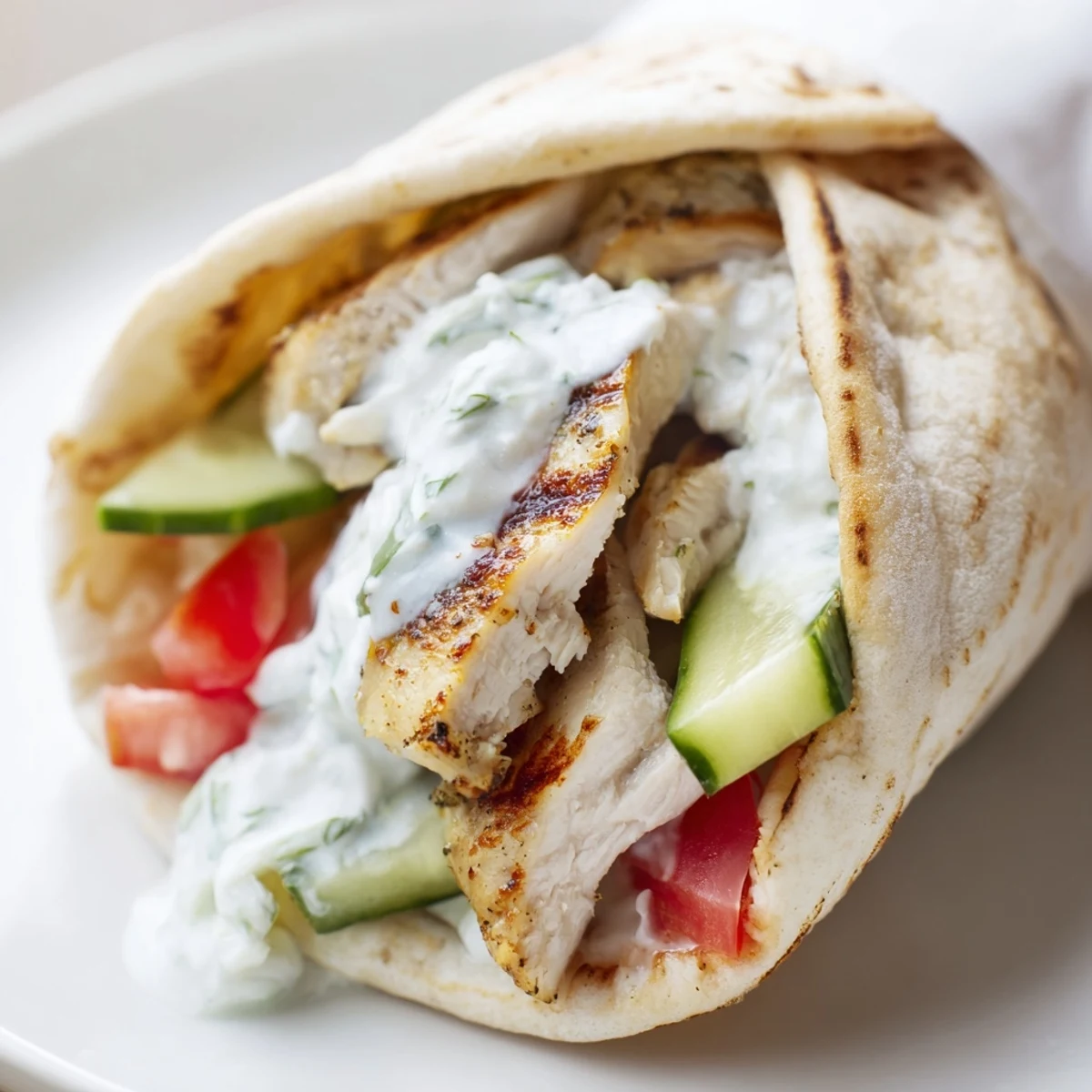 A vibrant Greek Chicken Wrap filled with juicy grilled chicken, creamy tzatziki, crisp cucumber, and ripe tomato slices.  