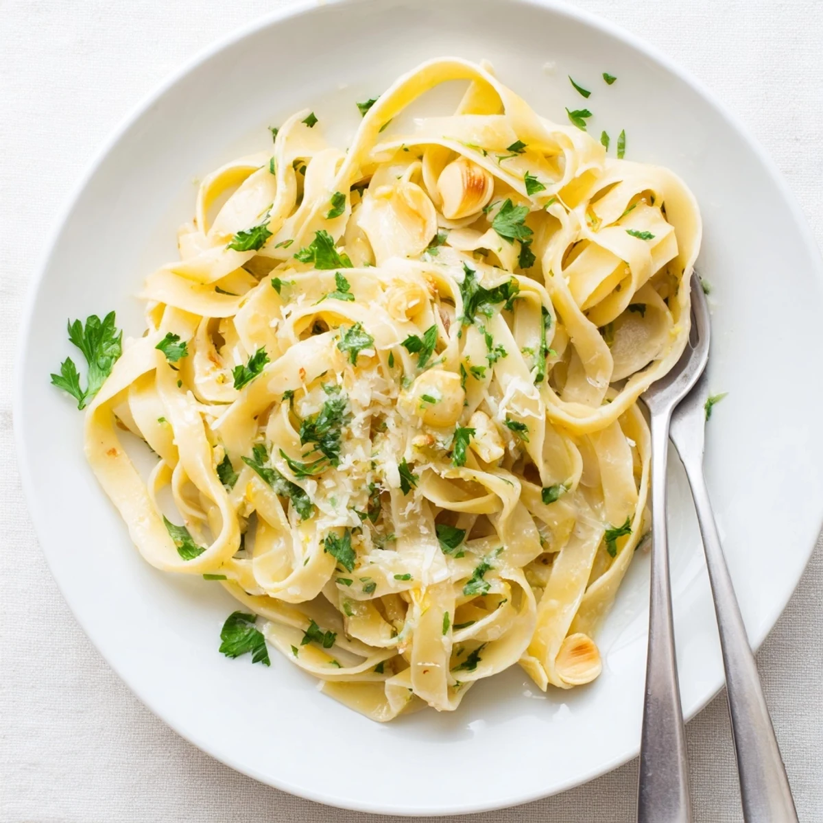 Roasted garlic cream pasta twirls in a silky sauce with fresh Parmesan and parsley garnish.  