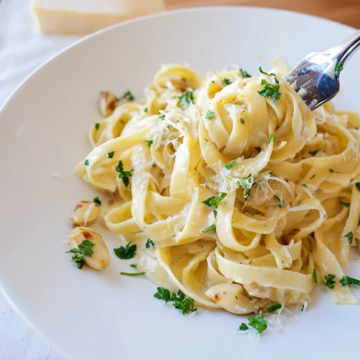Close-up of steaming roasted garlic cream pasta showing creamy sauce clinging to fettuccine noodles.  