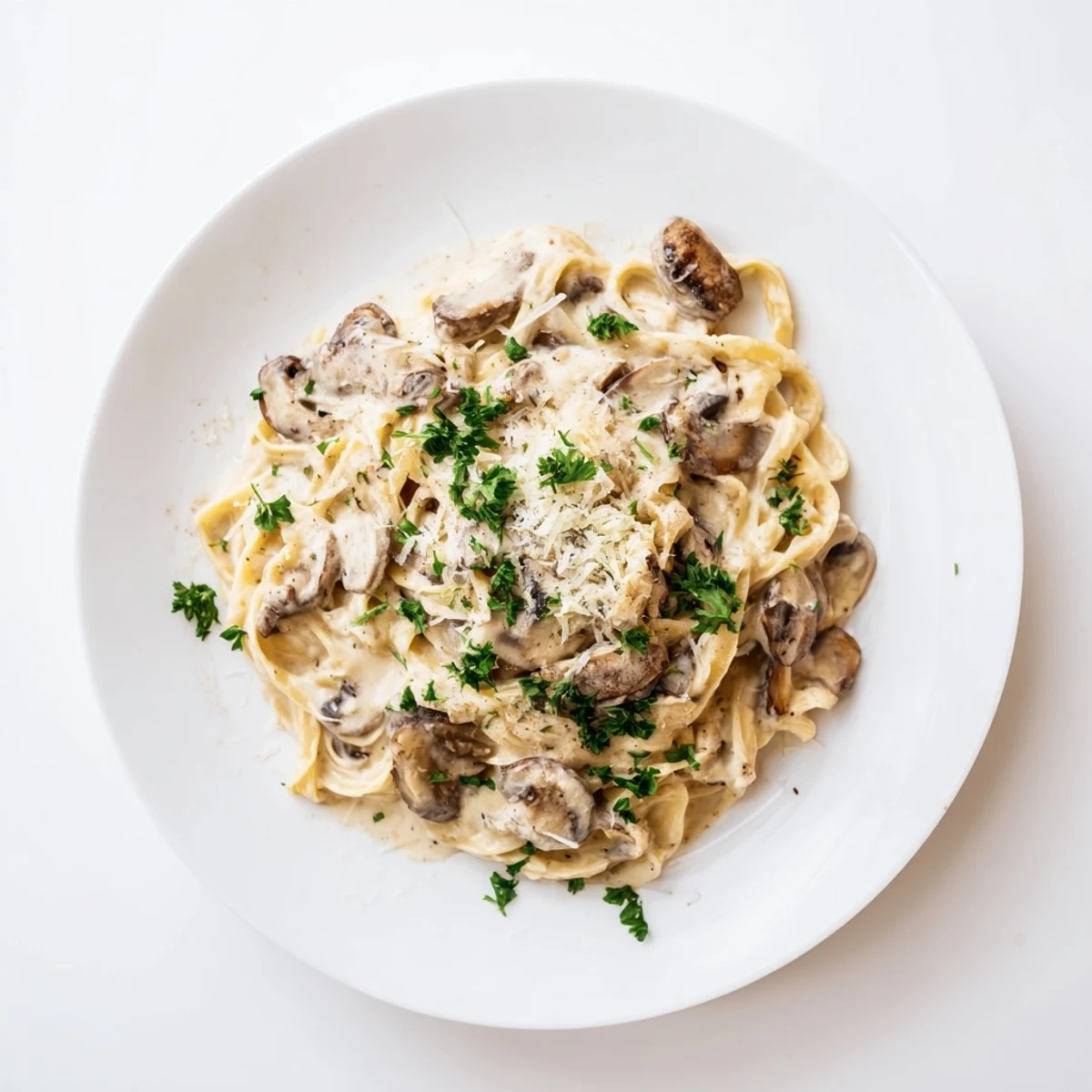 Freshly cooked fettuccine is coated in a creamy mushroom Alfredo sauce, garnished with parsley and extra Parmesan for a comforting, vegetarian Italian-inspired meal.