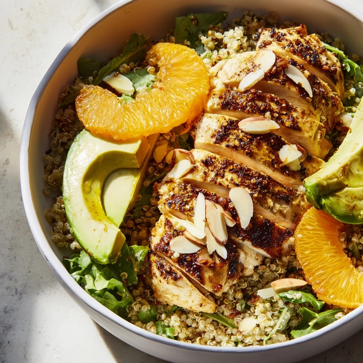 A colorful bowl of quinoa, grilled herb chicken, avocado, oranges, and red onion, sprinkled with toasted almonds and dressed in citrus vinaigrette.