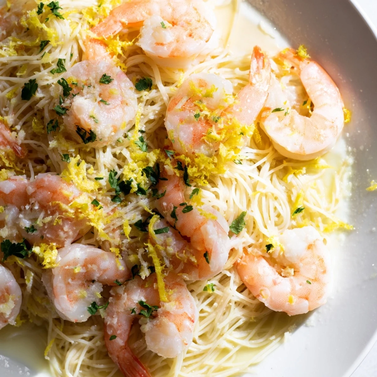 A close-up of Lemon Butter Shrimp Pasta Lite plated in a white bowl, showcasing tender pink shrimp and angel hair pasta coated in a glossy lemon garlic butter sauce, garnished with fresh parsley and lemon wedges.  
