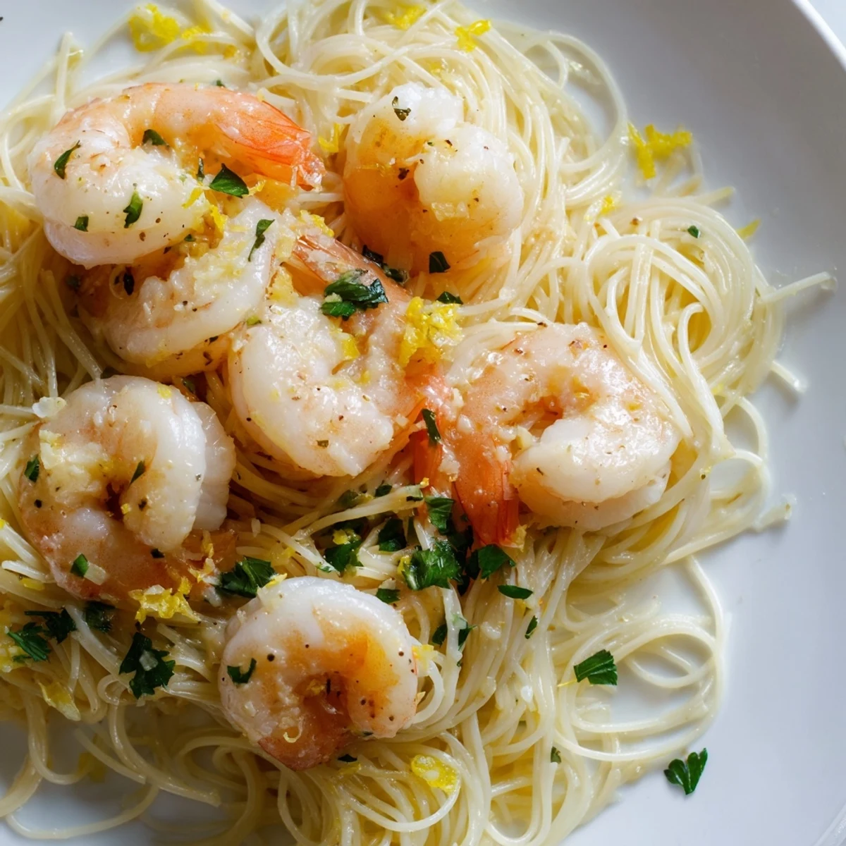 Bright, overhead shot of Lemon Butter Shrimp Pasta Lite in a rustic ceramic dish, featuring sautéed shrimp, vibrant parsley, and a light buttery lemon sauce shimmering on delicate angel hair pasta.  