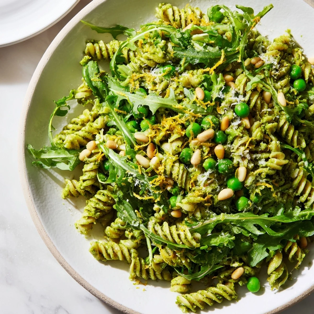 Tossed Spring Green Pesto Pasta Salad with al dente pasta, bright pesto sauce, baby arugula, and sweet peas, perfect for a spring picnic.
