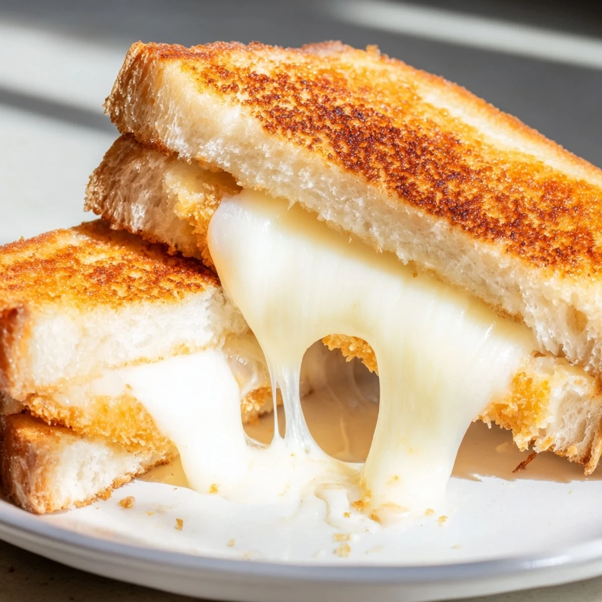 Golden-brown sourdough slices reveal melted mozzarella and crispy sticks oozing into a savory grilled cheese sandwich.