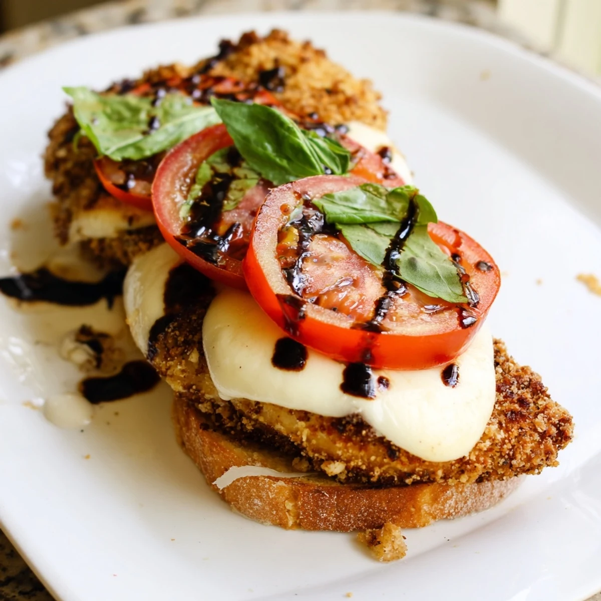 Golden brown breaded chicken cutlets topped with melted mozzarella, fresh basil, and tomato slices on toasted ciabatta for a Crispy Chicken Caprese Sandwich