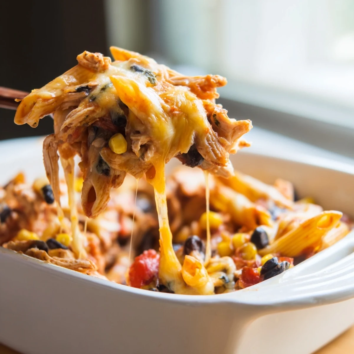 Steaming hot Chicken Burrito Pasta Bake fresh from the oven, loaded with melty cheddar and Monterey Jack cheese.