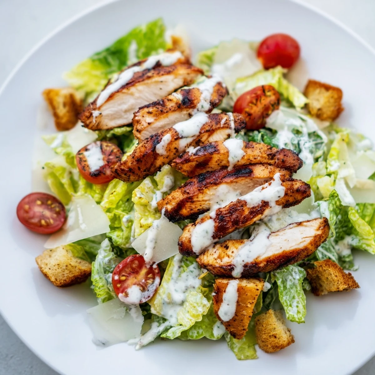Golden grilled chicken strips layered over crisp romaine lettuce in a creamy yogurt Caesar dressing.