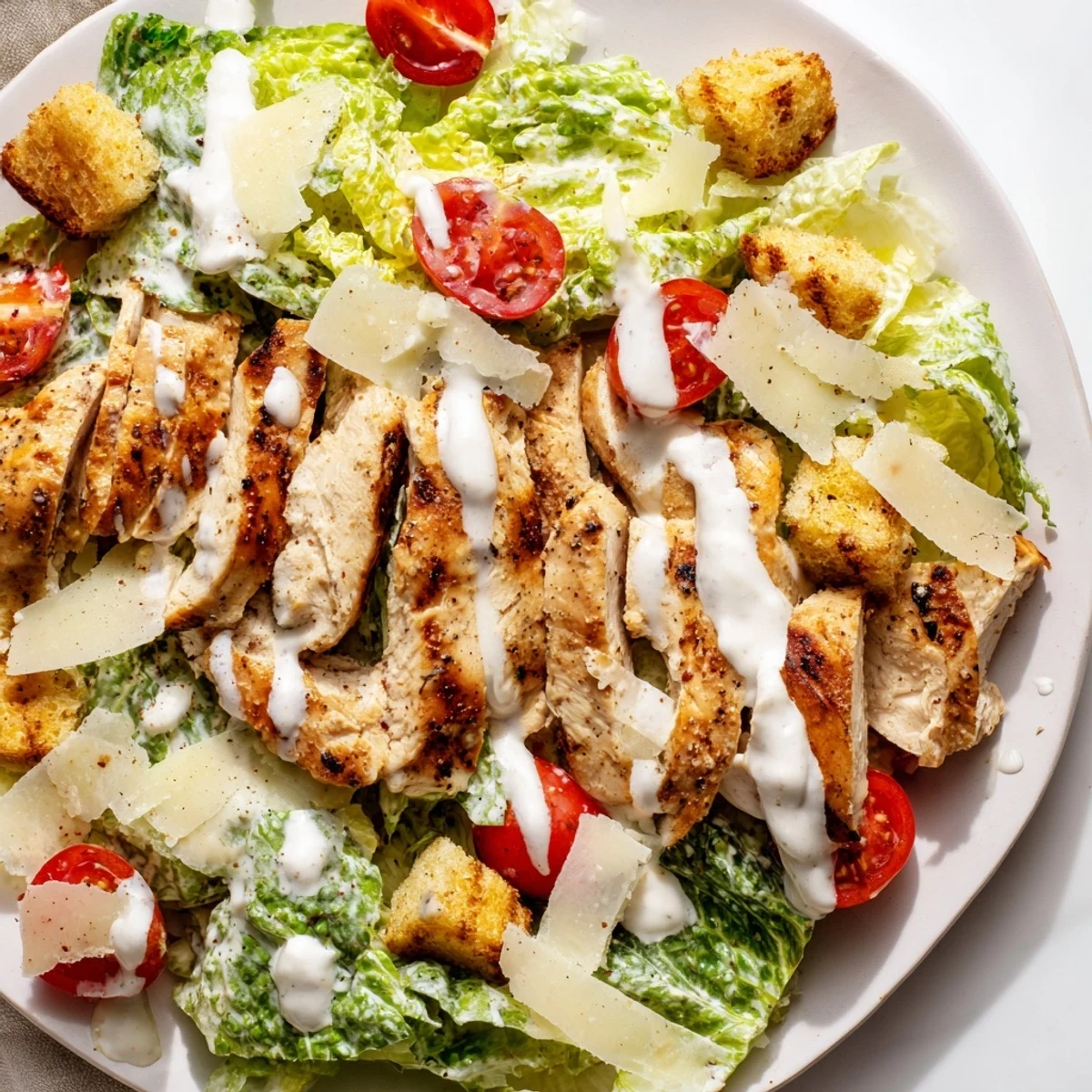 Fresh cherry tomatoes and homemade croutons add texture and vibrant color to the finished salad.