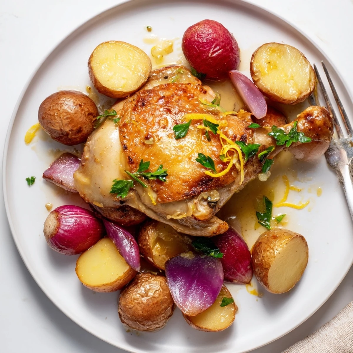 Golden roasted chicken thighs sit beside caramelized potatoes and sweet radishes on a sheet pan, garnished with lemon zest and parsley in this Roasted Radish & Chicken Sheet Pan dinner.  