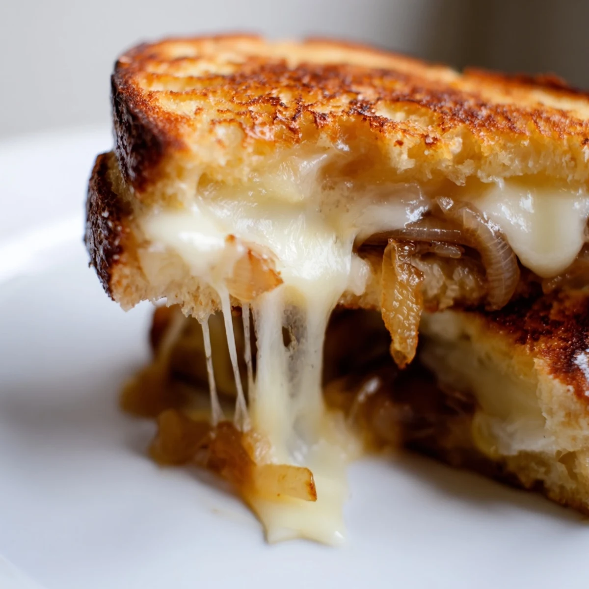 Golden, crispy slices of country bread are layered with melted Gruyère cheese and sweet, slow-cooked caramelized onion for a gourmet grilled cheese experience.  