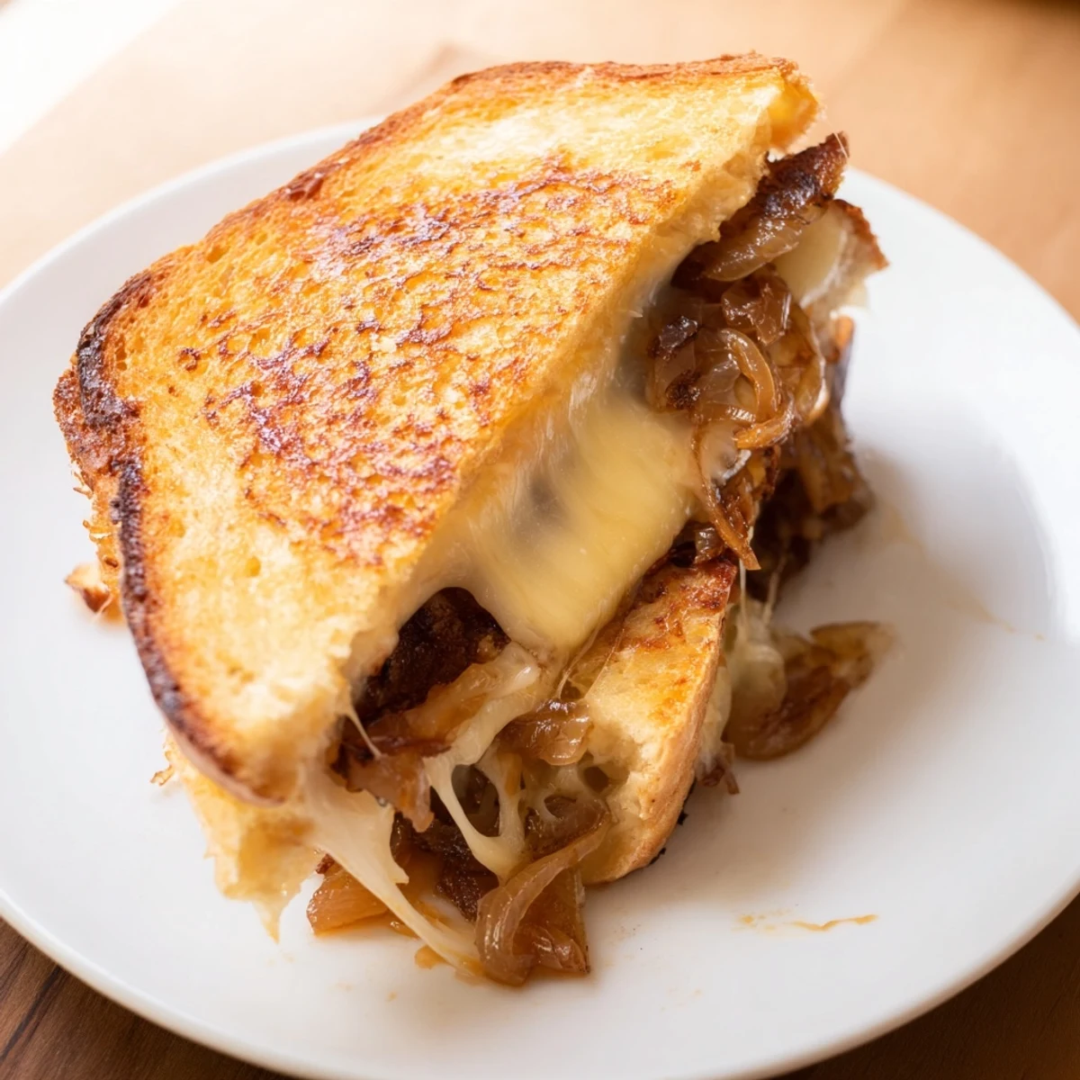 An overhead view of a gourmet Caramelized Onion & Gruyère Grilled Cheese, sliced diagonally to reveal the stringy, melted cheese and savory sweet onion filling.