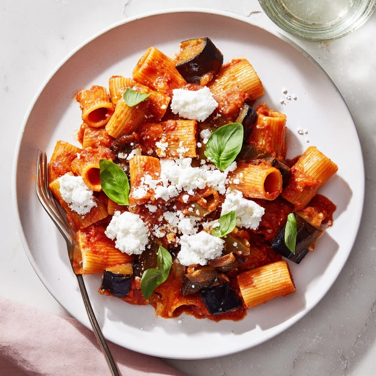 Golden roasted eggplant cubes simmer in a vibrant tomato sauce with fresh basil in this hearty Pasta Alla Norma.