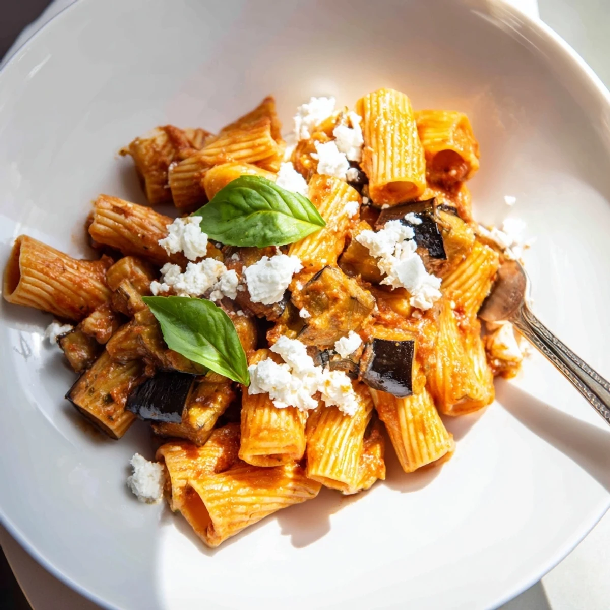 Rigatoni pasta tossed with tender eggplant, garlic-infused tomato sauce, and crumbled ricotta salata for a classic Sicilian meal.