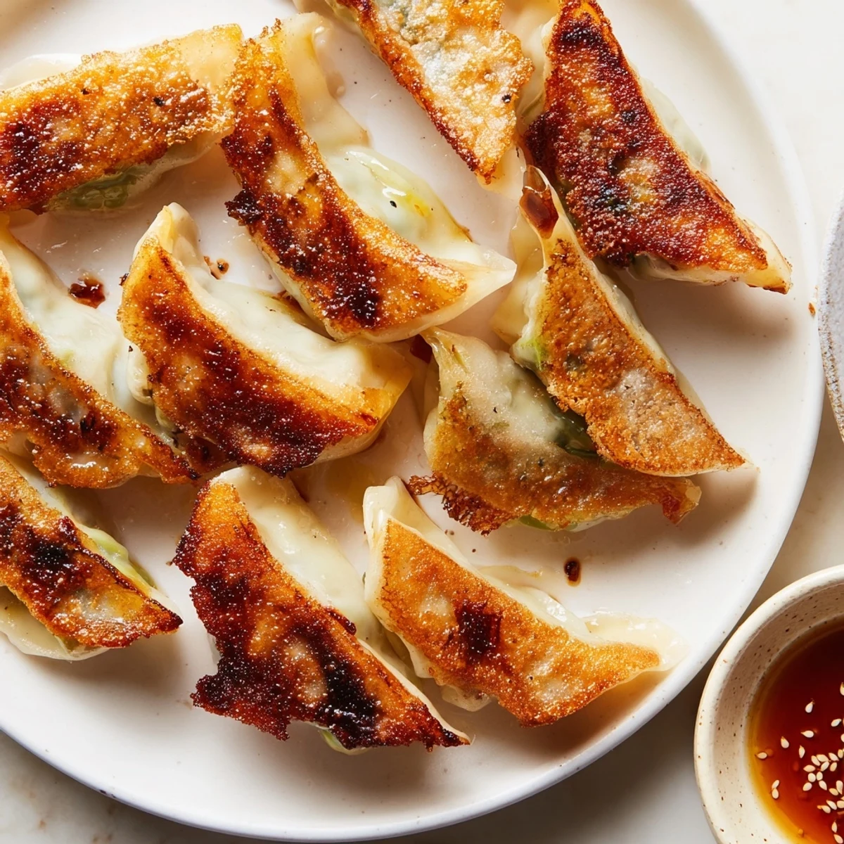 Golden-brown smashed gyozas sizzling in a skillet, showcasing crispy edges and tender wrappers filled with savory pork and cabbage.