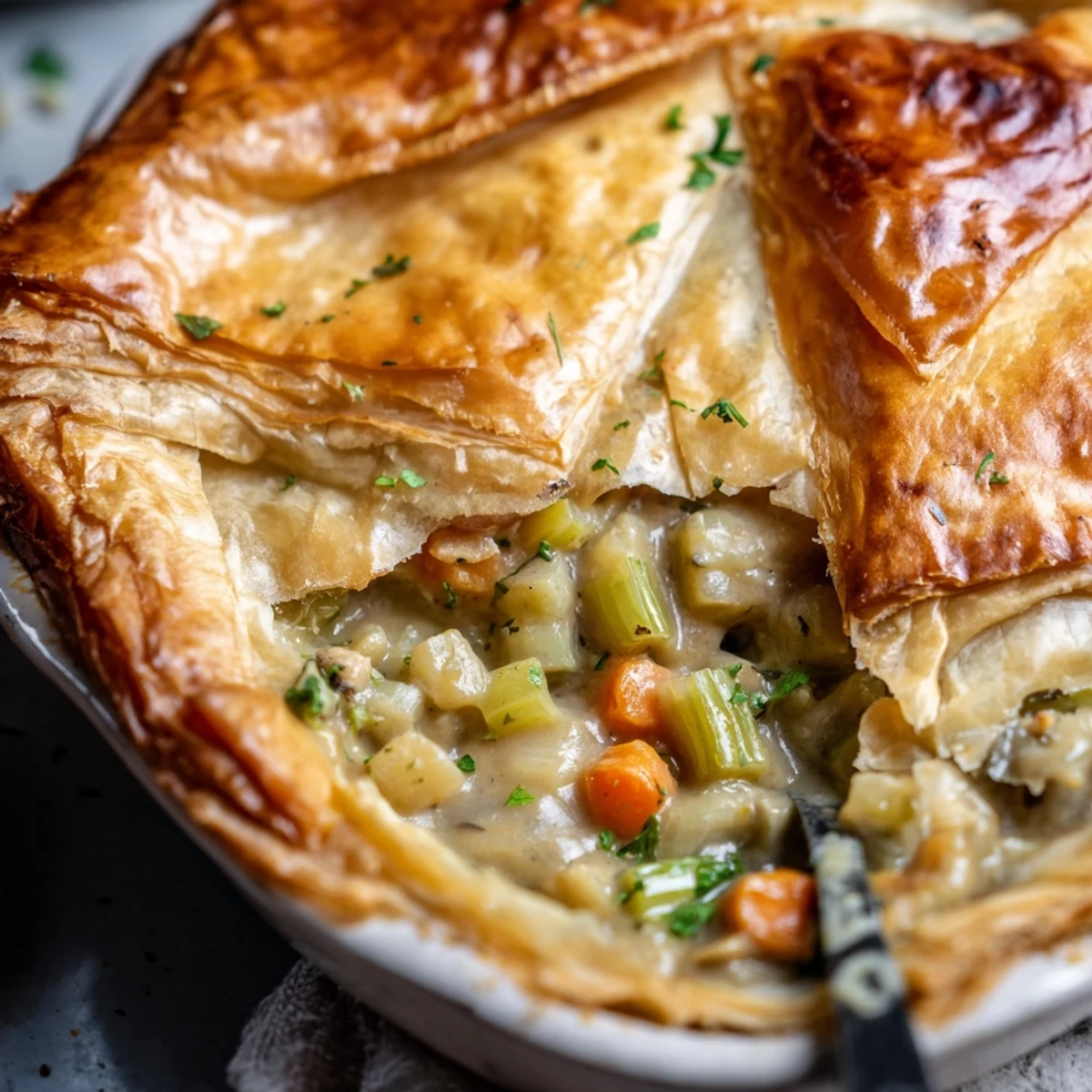 Golden, flaky pastry crowns a bubbling Chicken and Leek Pie filled with tender chicken, leeks, and bacon. 