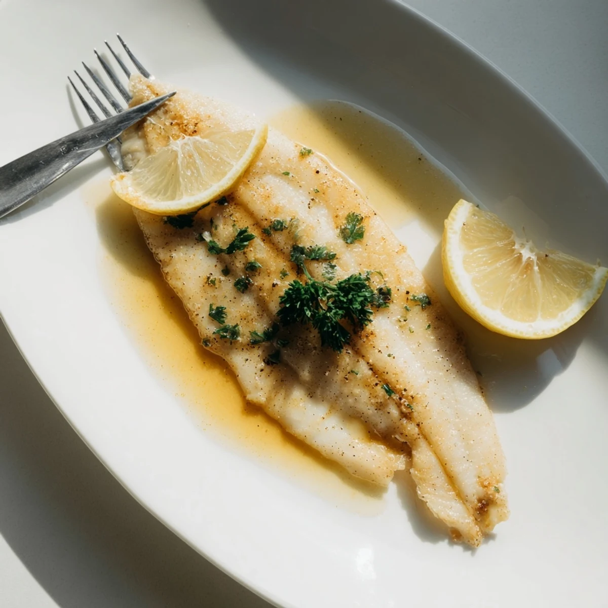 Flounder meunière fillets served on a white plate with lemon wedges and bright parsley garnish.