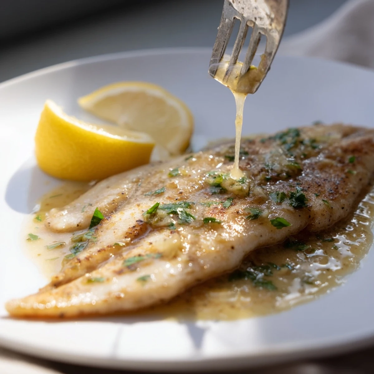 Golden pan-fried flounder meunière fillets in a skillet with lemon-browned butter sauce and fresh parsley.