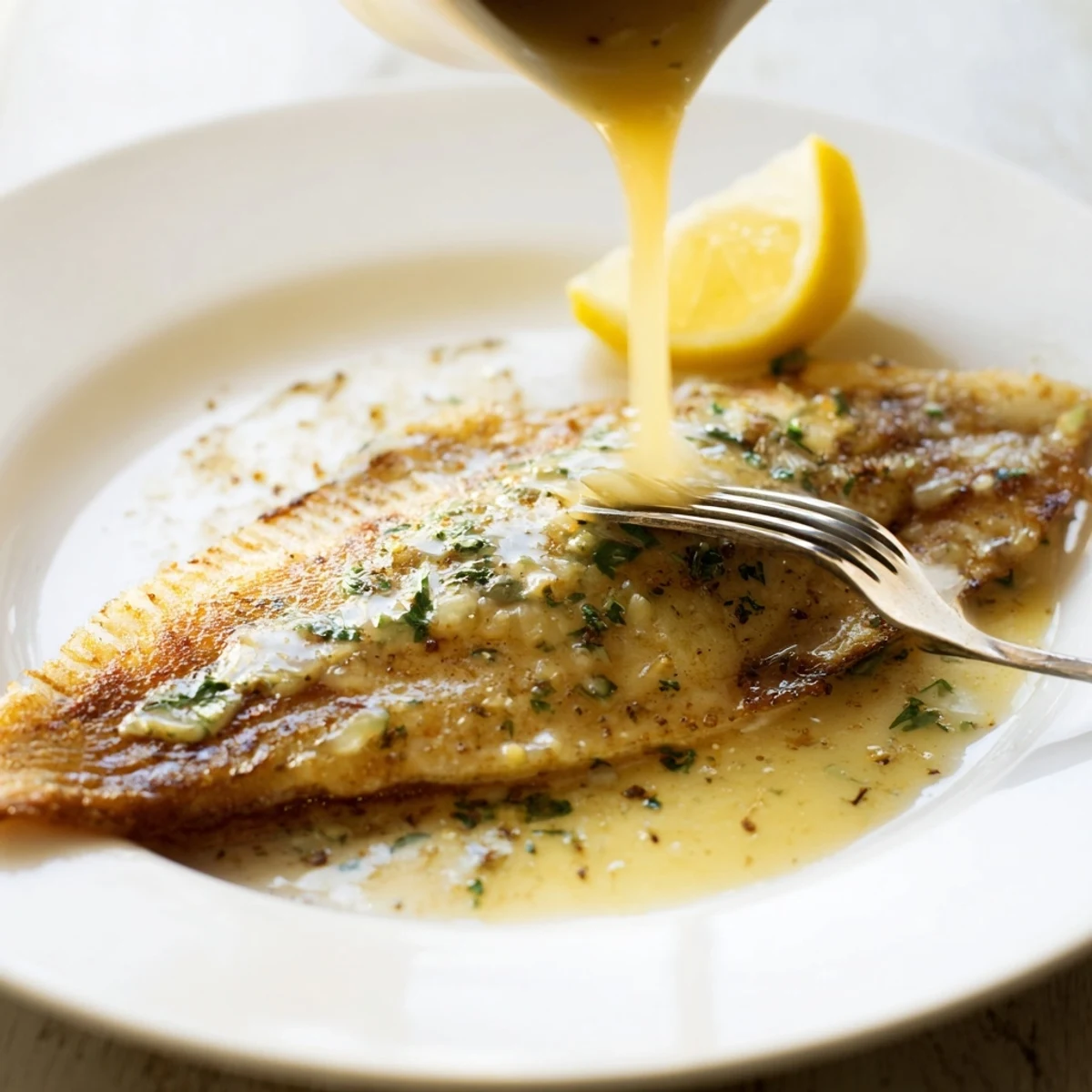 Close-up of crispy flounder meunière, drizzled with nutty brown butter sauce and sprinkled with fresh parsley.
