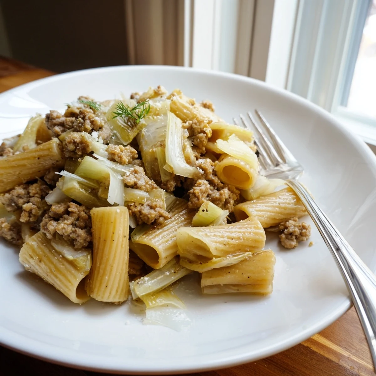 Steaming Winter Pasta with Sausage and Fennel in a bowl, featuring golden sausage crumbles and tender fennel slices glistening with olive oil.