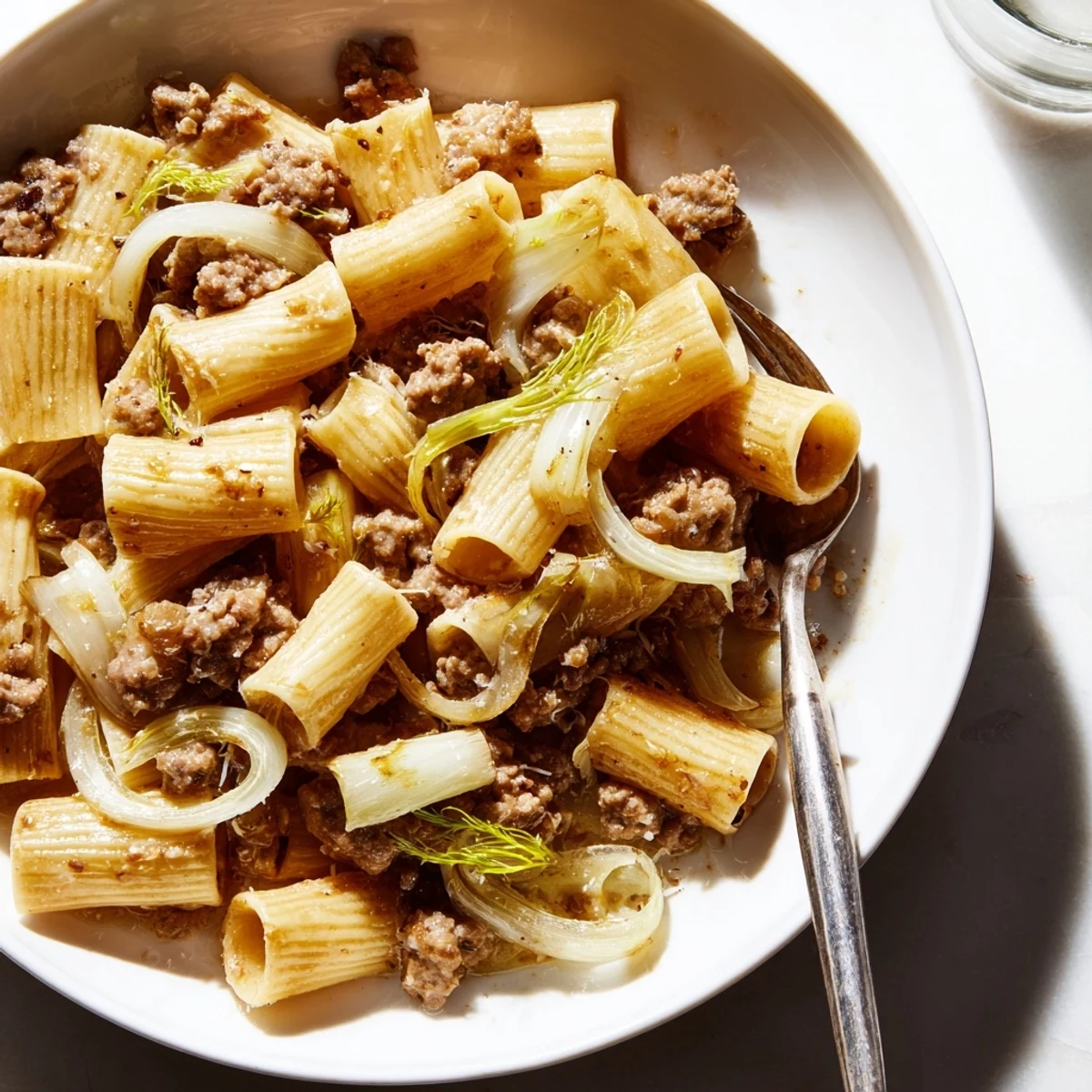 Close-up of Winter Pasta with Sausage and Fennel, showcasing penne coated in a light, aromatic sauce with melted Parmesan and fresh fennel fronds.