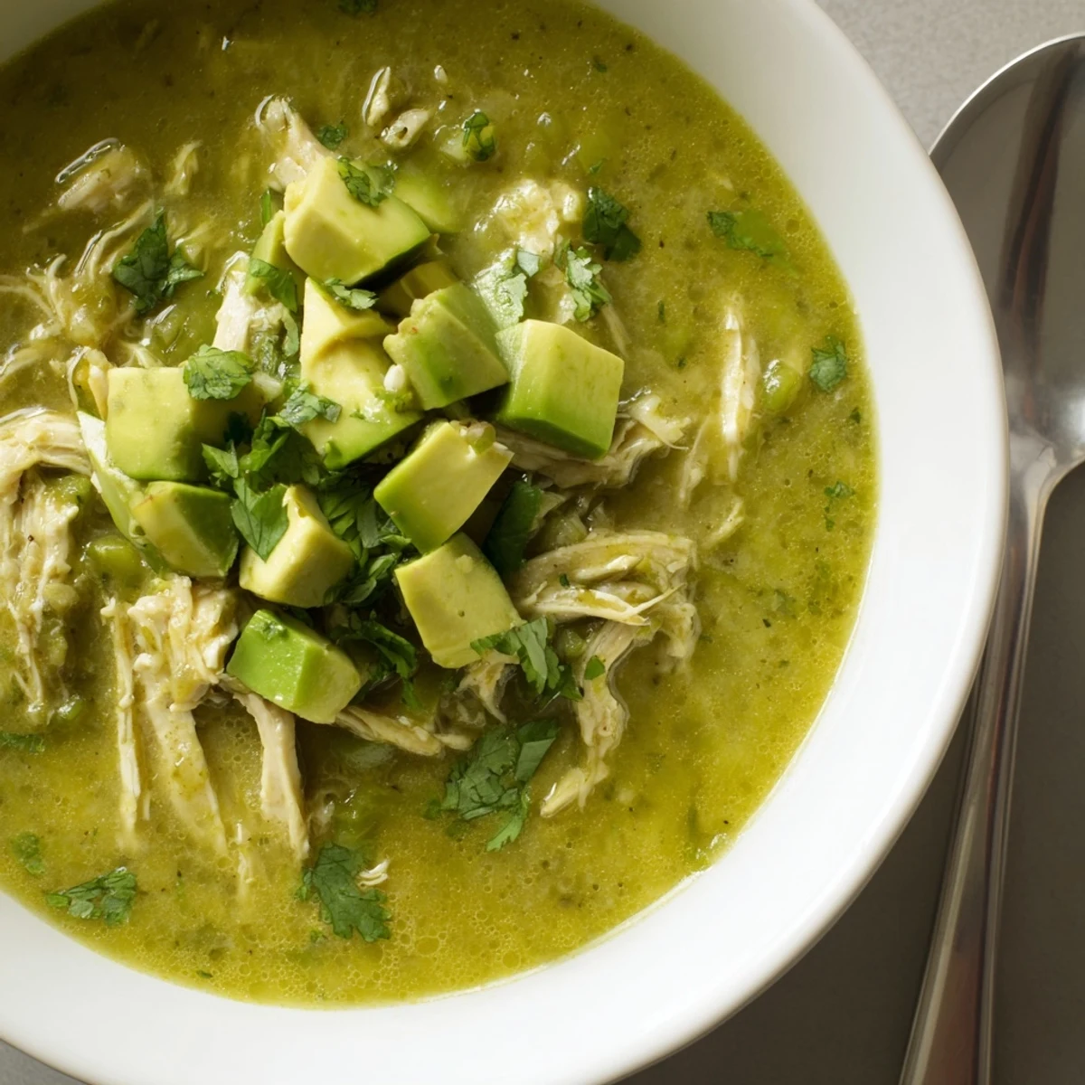 A close-up view of Chicken Chili Verde featuring charred tomatillo sauce, juicy chicken pieces, and creamy avocado slices for garnish.