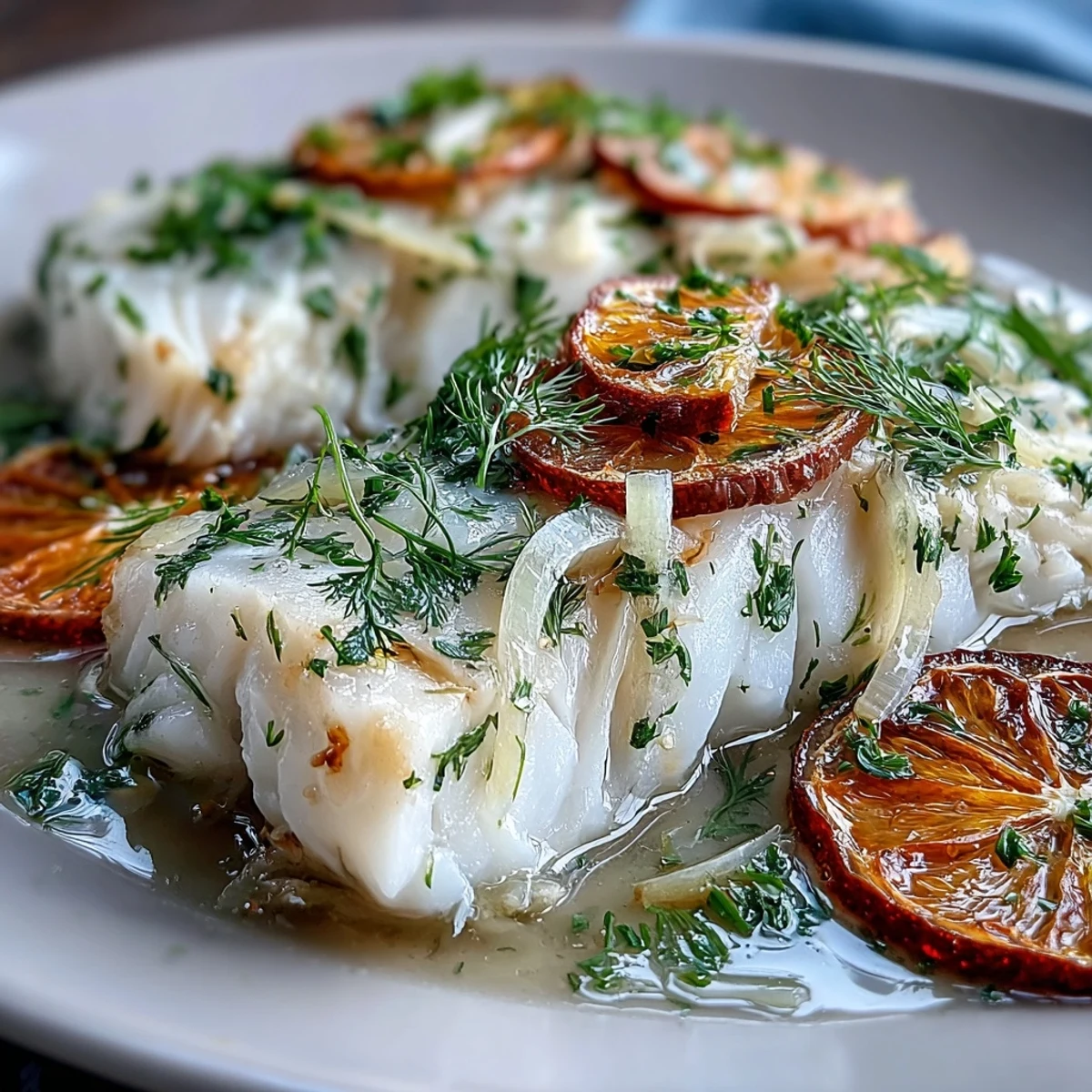Garnished with fennel fronds and orange slices, poached cod fillets rest in a clear aromatic broth for a light Mediterranean dinner.  