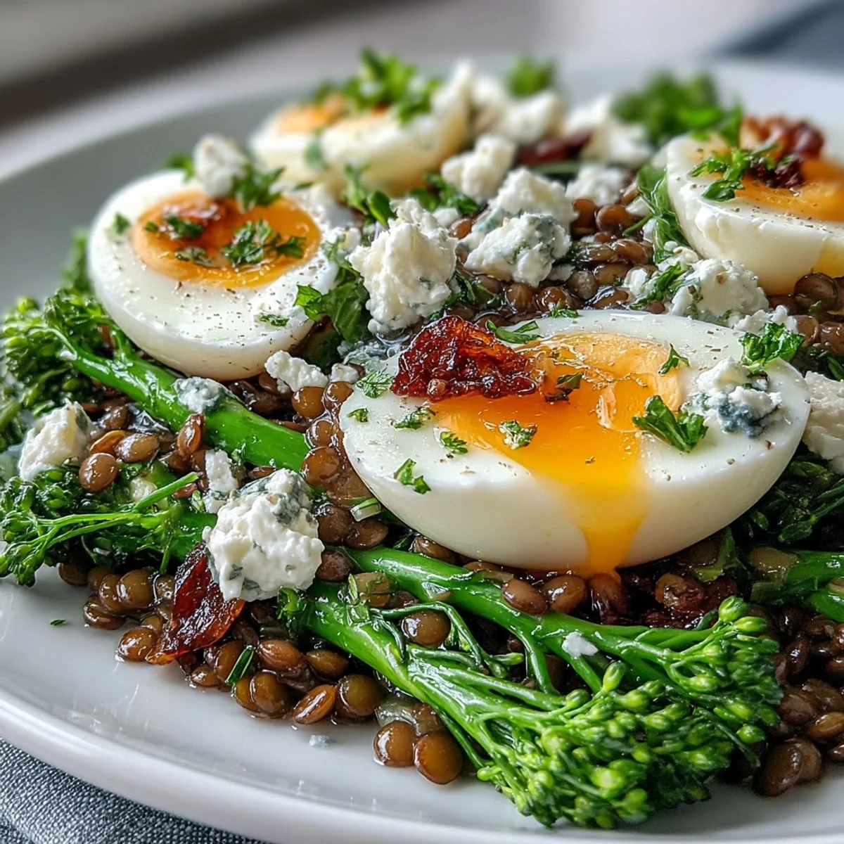 Hearty, colorful French Lentil Salad with tender broccolini and a tangy Dijon dressing.