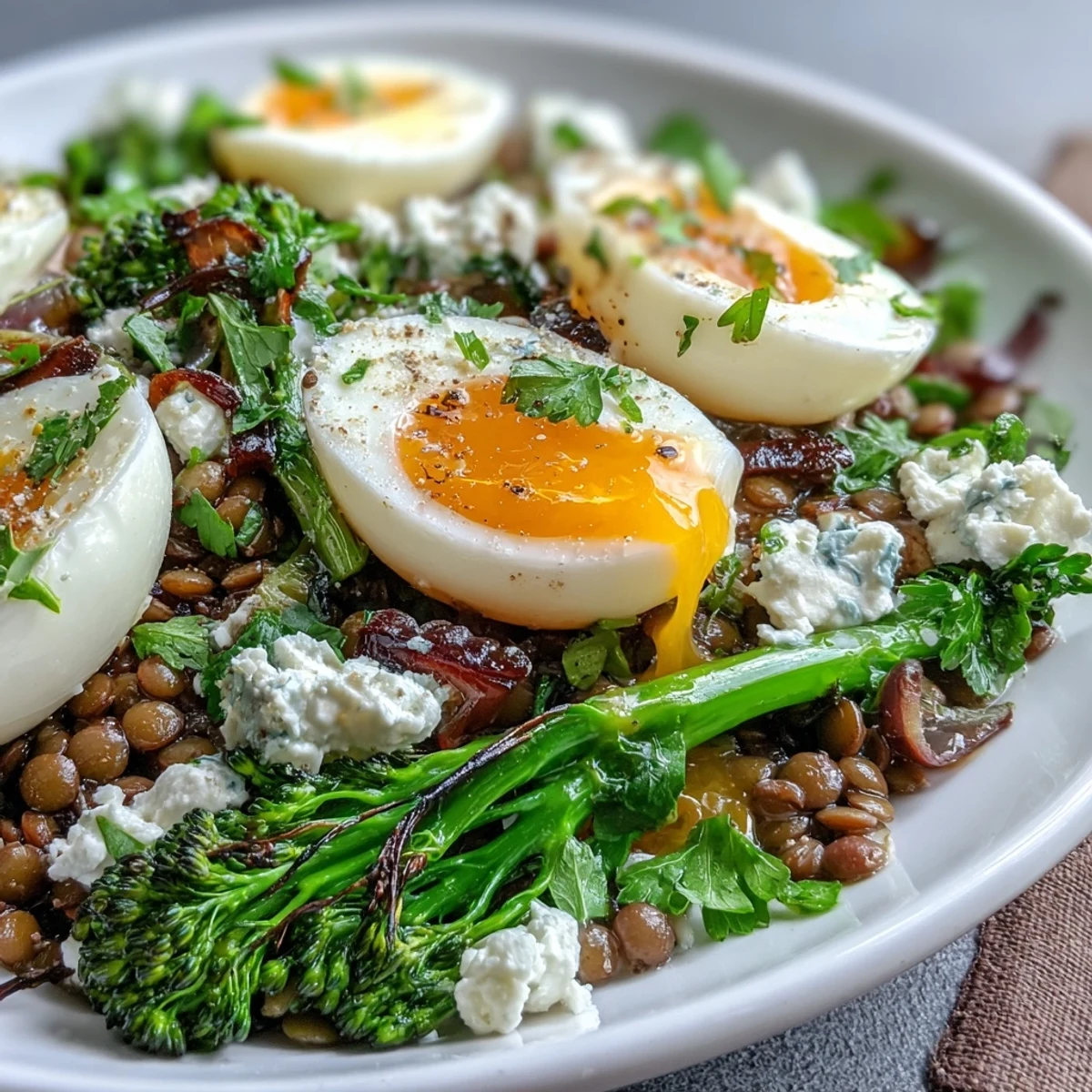 A beautiful bowl of French Lentil Salad, showcasing soft-cooked eggs and crisp greens.