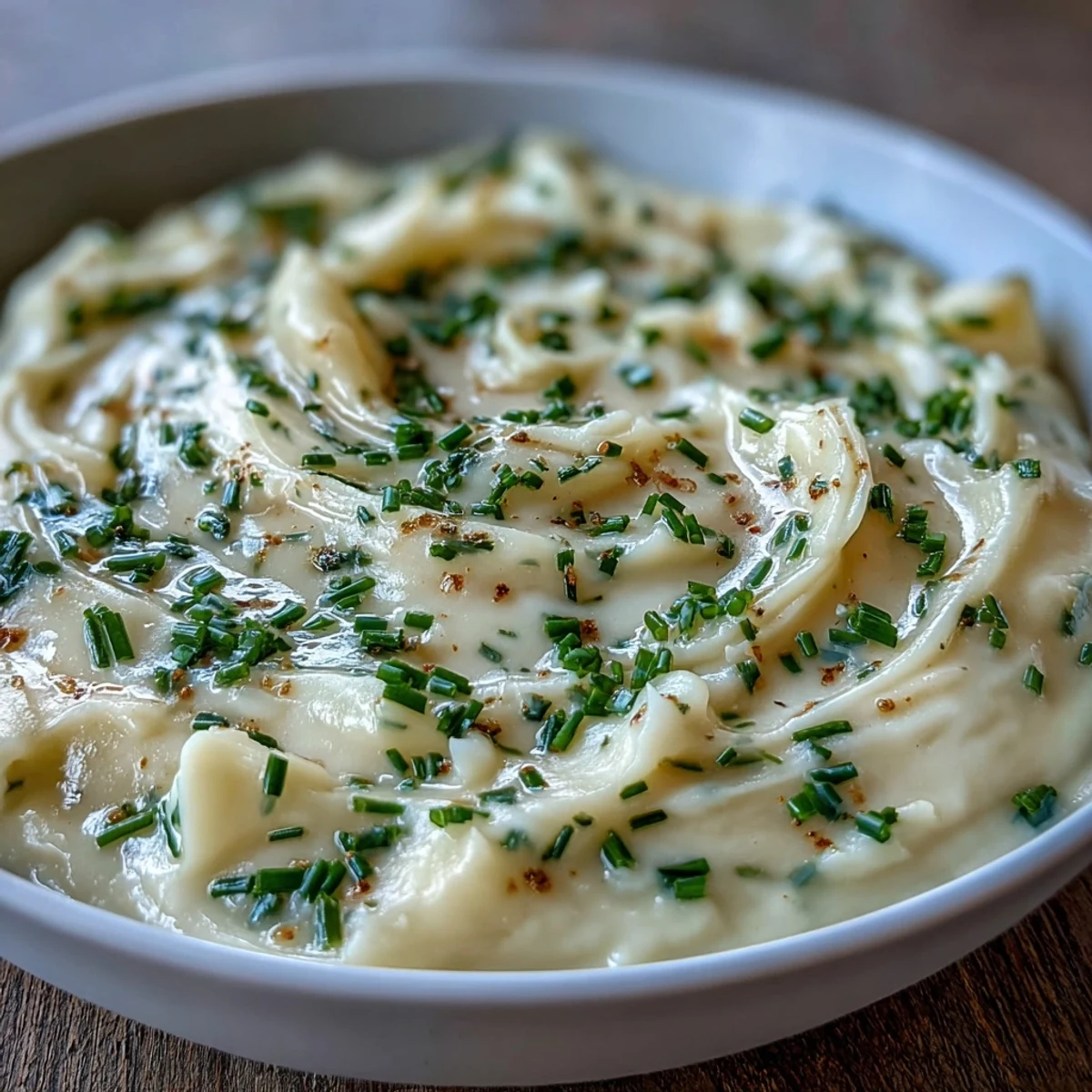 Crumbled bacon and chives topping a smooth potato leek soup in a white ceramic bowl, served alongside crusty bread on a wooden table.
